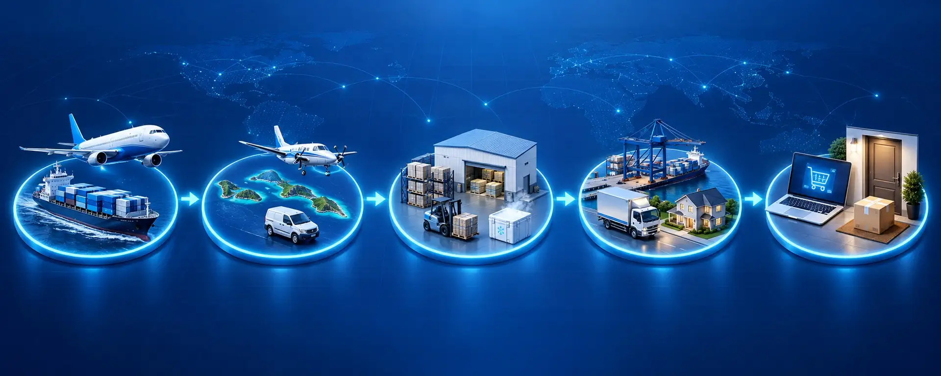 How our network moves a shipment: ocean and air freight in, interisland transfer, warehouse handling, port and last-mile delivery, then online shopping to your doorstep.